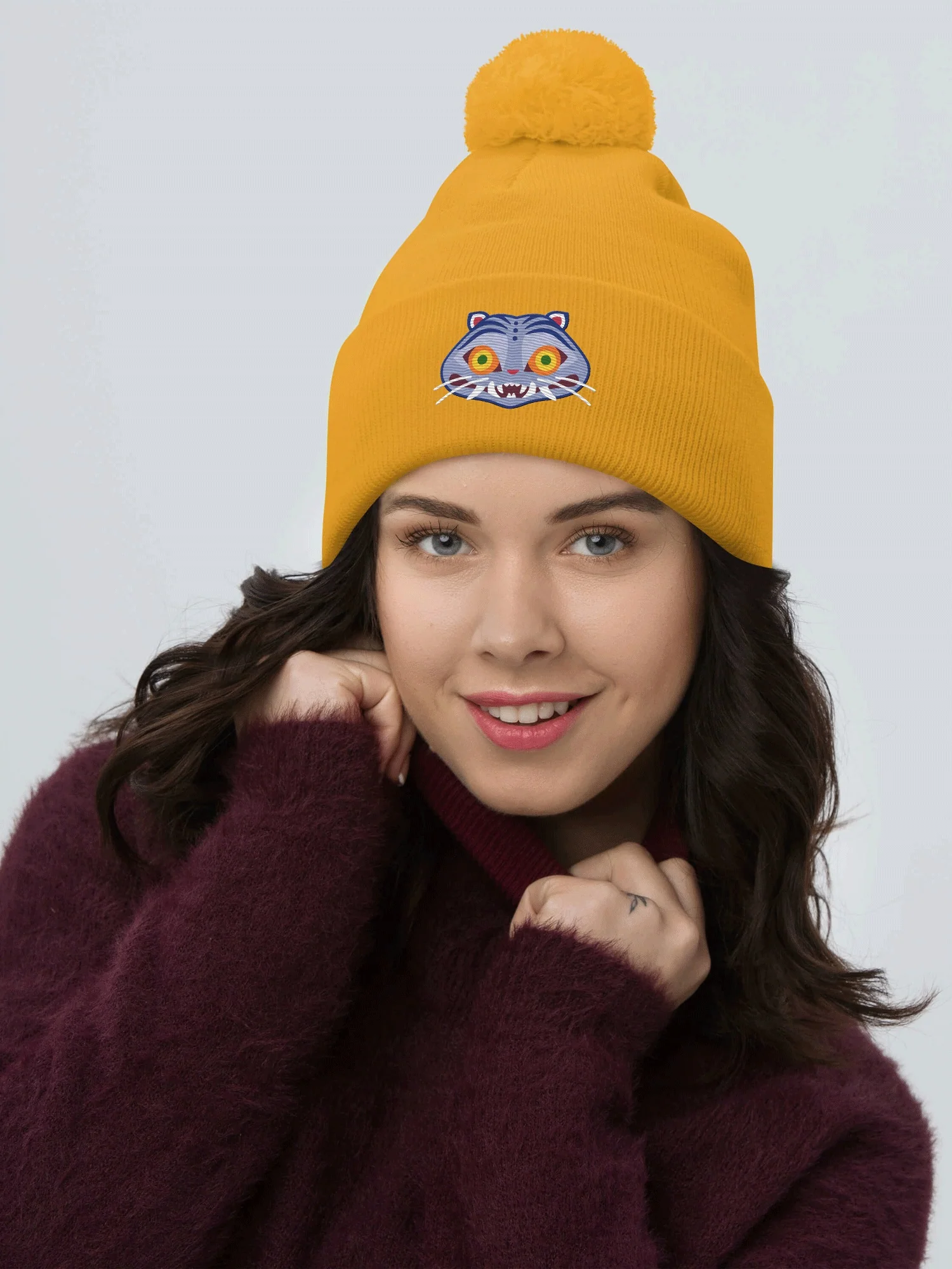 KPop Demon Hunters Embroidered Pom Pom Beanie Derpy Tiger - Image 2